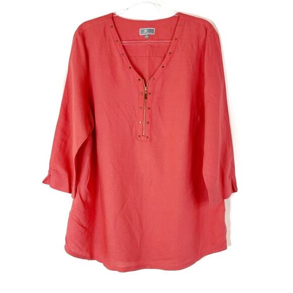 JM Collection | Bright Coral Linen Blend 3/4 Sleeve V-Neck Zip Snap Top Women XL - Picture 1 of 6